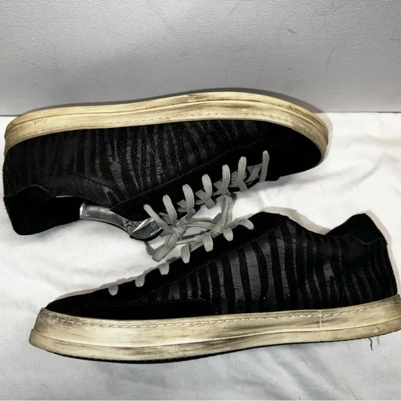 P448 Sneakers Black Seude Leather Leopard Stripe Size 8 EU 40