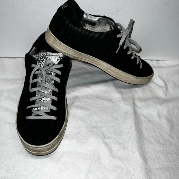 P448 Sneakers Black Seude Leather Leopard Stripe Size 8 EU 40