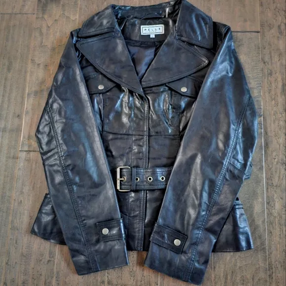 Pelle Women's Black Leather Belted Jacket sz large