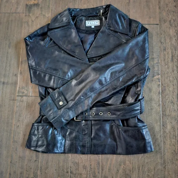 Pelle Women's Black Leather Belted Jacket sz large