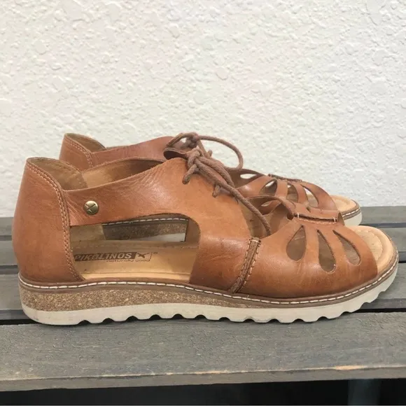 Pikolinos Leather Gladiator Lace Up Wedge Sandal Shoes