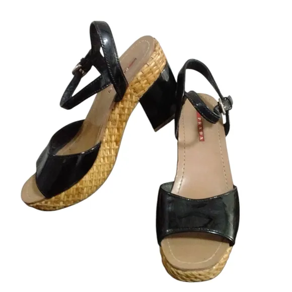 PRADA Black Patent Leather Wicker Platform Sandals Size 7.5