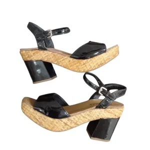 PRADA Black Patent Leather Wicker Platform Sandals Size 7.5