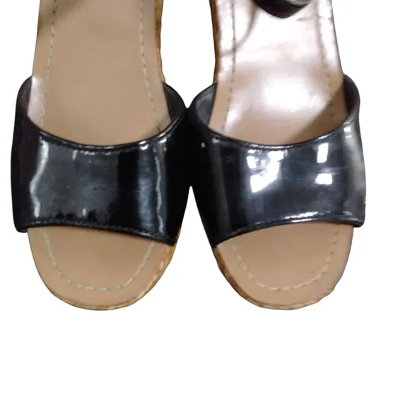 PRADA Black Patent Leather Wicker Platform Sandals Size 7.5