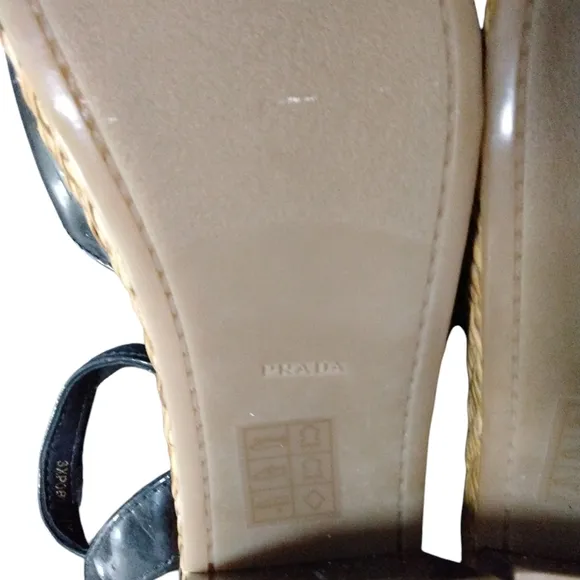 PRADA Black Patent Leather Wicker Platform Sandals Size 7.5