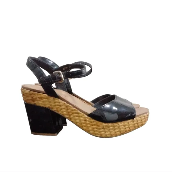 PRADA Black Patent Leather Wicker Platform Sandals Size 7.5
