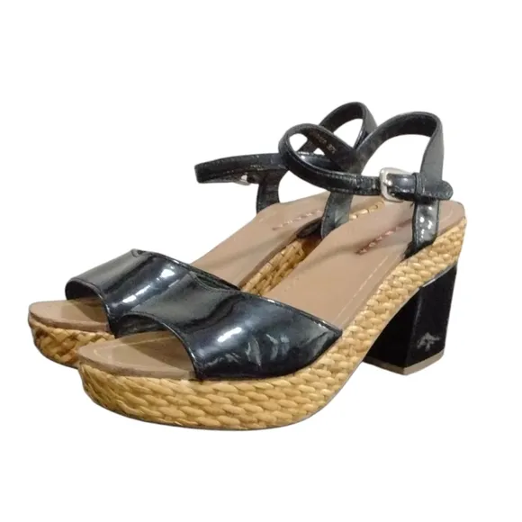 PRADA Black Patent Leather Wicker Platform Sandals Size 7.5