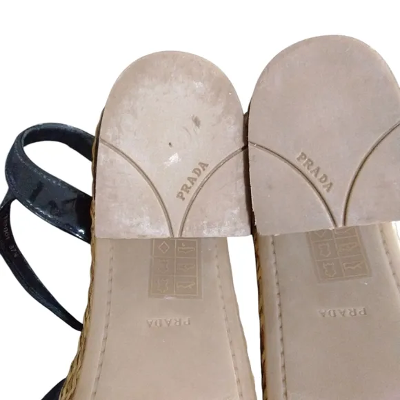 PRADA Black Patent Leather Wicker Platform Sandals Size 7.5