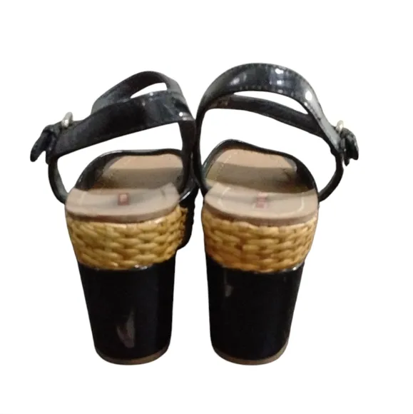 PRADA Black Patent Leather Wicker Platform Sandals Size 7.5