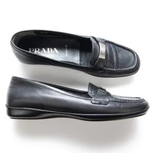 Prada Loafers Leather Rubber Sole Slip On Silver Bar Black Size 36.5