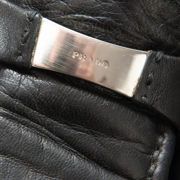 Prada Loafers Leather Rubber Sole Slip On Silver Bar Black Size 36.5