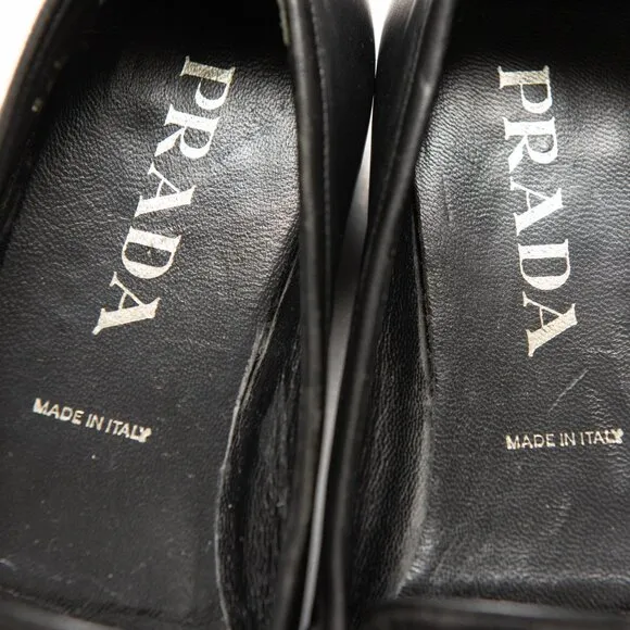 Prada Loafers Leather Rubber Sole Slip On Silver Bar Black Size 36.5