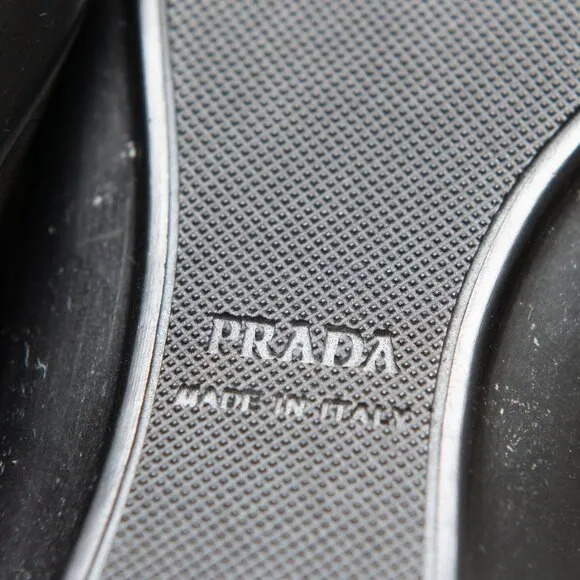 Prada Loafers Leather Rubber Sole Slip On Silver Bar Black Size 36.5