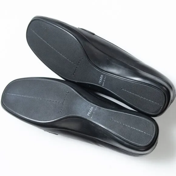 Prada Loafers Leather Rubber Sole Slip On Silver Bar Black Size 36.5