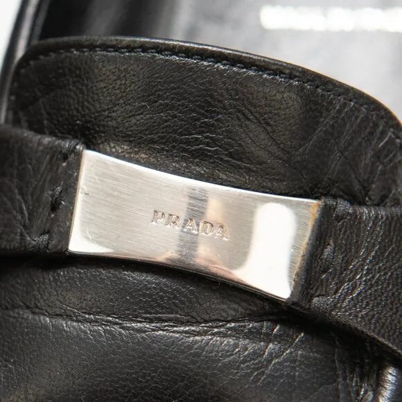 Prada Loafers Leather Rubber Sole Slip On Silver Bar Black Size 36.5