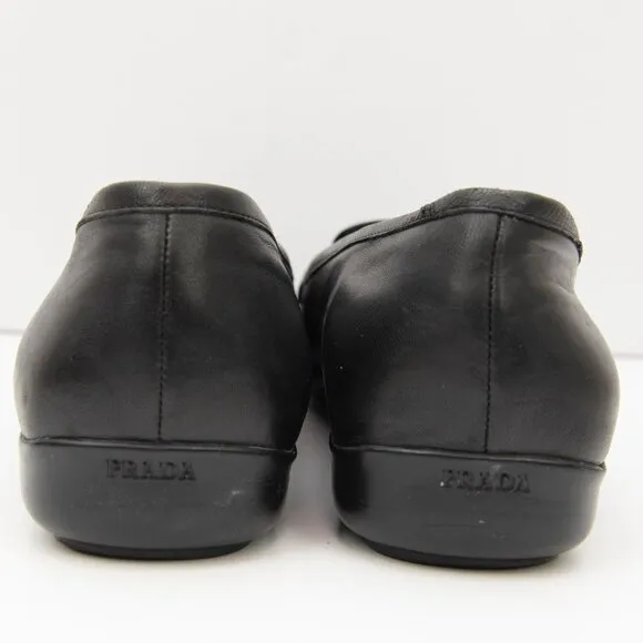 Prada Loafers Leather Rubber Sole Slip On Silver Bar Black Size 36.5