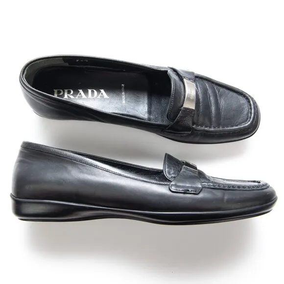 Prada Loafers Leather Rubber Sole Slip On Silver Bar Black Size 36.5
