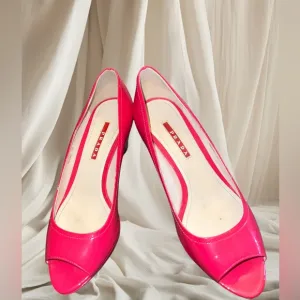 Prada  Peeptoe Vibrant Pink Wedge Platform Heels Sandals