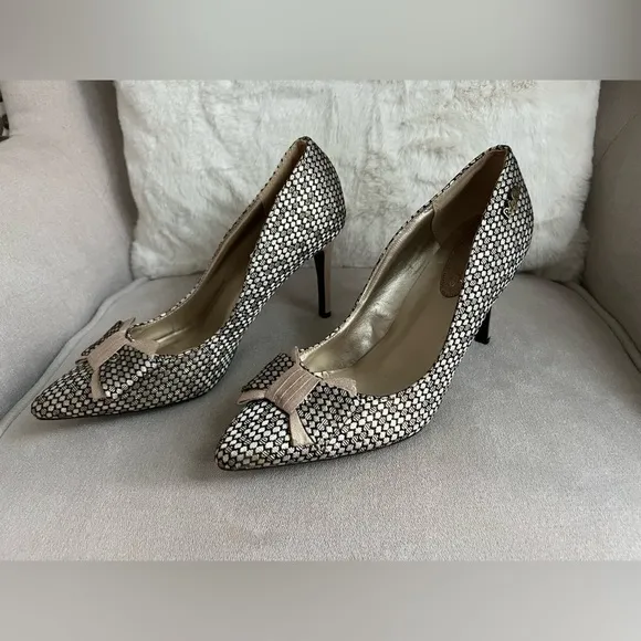 Pre-Owned Ruby Shoo Jenna Women's Heels Metallic Black Silver Gold Bow Size 9