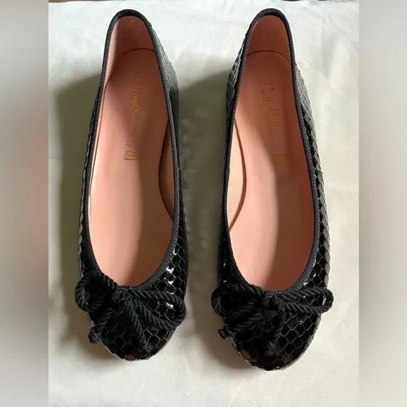 Pretty Ballerinas Rosario Ballet Flats Sip On Flat Shoes Black Snake Bow 38 EUC