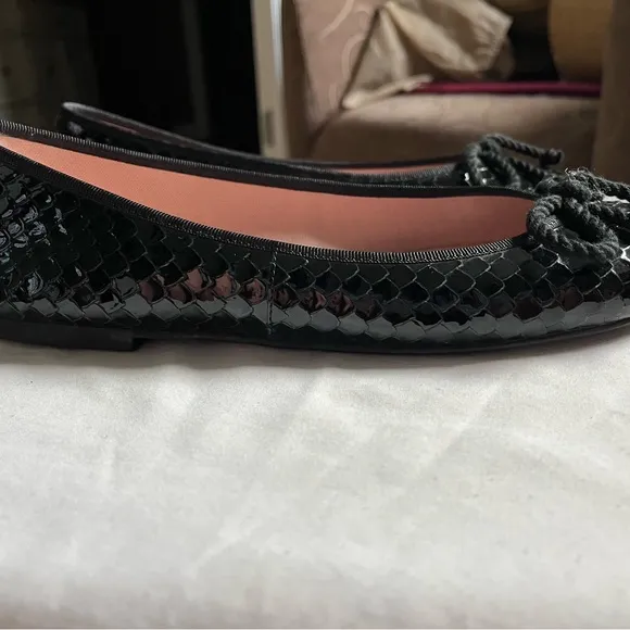 Pretty Ballerinas Rosario Ballet Flats Sip On Flat Shoes Black Snake Bow 38 EUC
