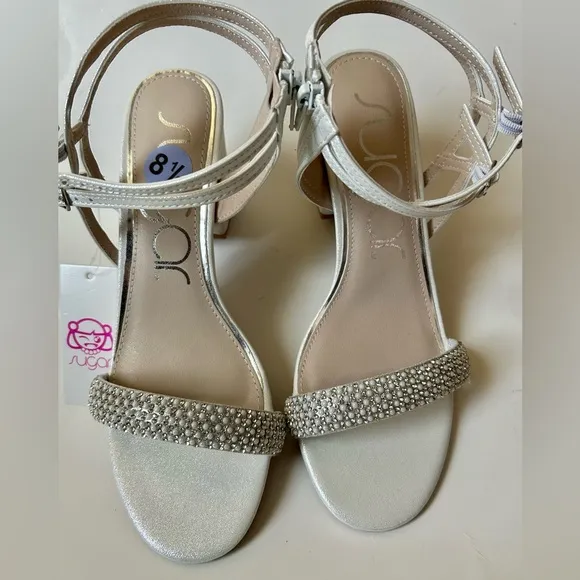 Prom shoes Strappy heels pale metallic silver mini pearls special occasion shoes