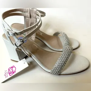 Prom shoes Strappy heels pale metallic silver mini pearls special occasion shoes