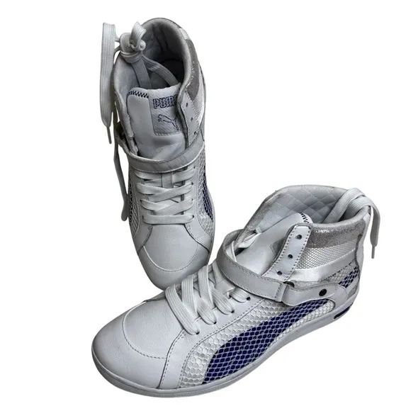 PUMA HI-TOP THE KEY WHITE SURF THE WEB BLUE WHITE WOMENS SNEAKERS SIZE 7.5  NWOT
