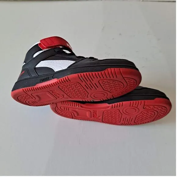 Puma Rebound Layup Mid Top Hook &amp; Loop Sneaker Shoe Black Red White Kids Size 1C
