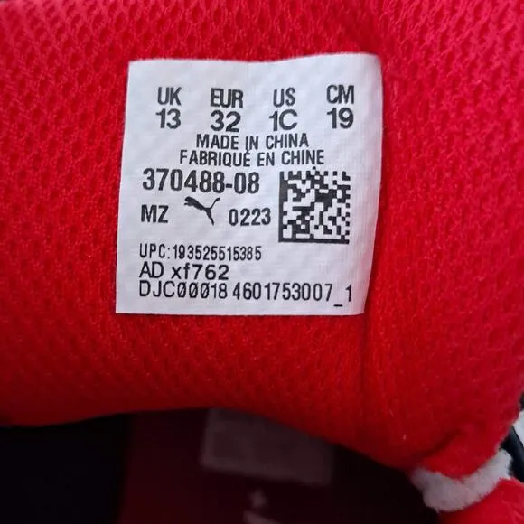 Puma Rebound Layup Mid Top Hook &amp; Loop Sneaker Shoe Black Red White Kids Size 1C