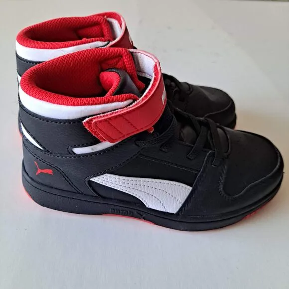 Puma Rebound Layup Mid Top Hook &amp; Loop Sneaker Shoe Black Red White Kids Size 1C