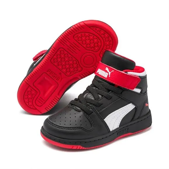 Puma Rebound Layup Mid Top Hook &amp; Loop Sneaker Shoe Black Red White Kids Size 1C