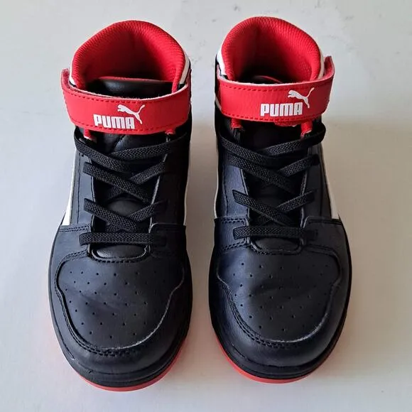 Puma Rebound Layup Mid Top Hook &amp; Loop Sneaker Shoe Black Red White Kids Size 1C