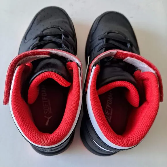 Puma Rebound Layup Mid Top Hook &amp; Loop Sneaker Shoe Black Red White Kids Size 1C