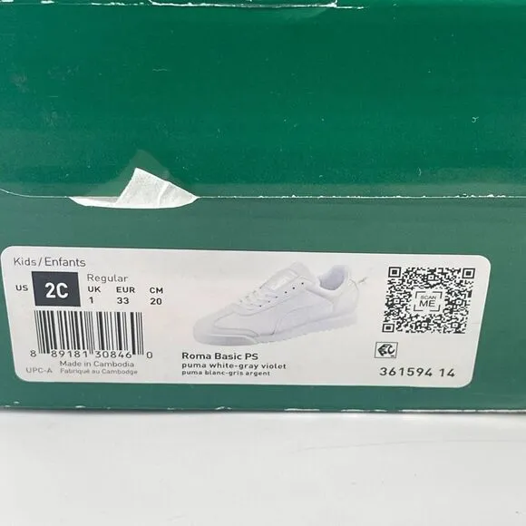 PUMA Roma Basic PS Big Kid’s White-Gray-Violet Low Top Casual Sneakers Size 2C