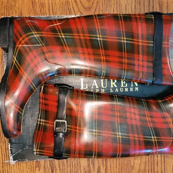Ralph Lauren Red Blue Green Plaid Rainboots Shoes Size8
