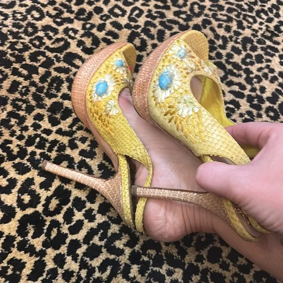 RARE Dior snakeskin and rattan Women's Sandals with Floral Accents