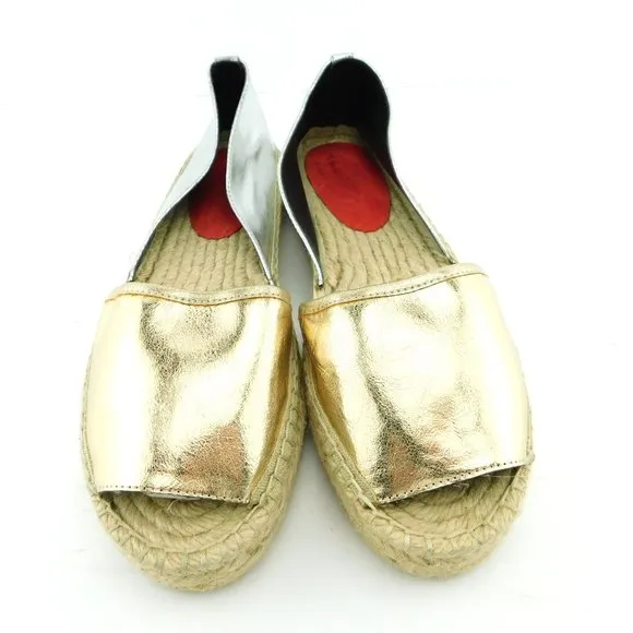 REBECCA MINKOFF Gold Silver Metallic Leather Flat Espadrille Slip On Shoes 7