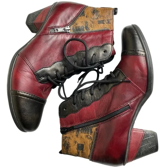 Remonte Artsy Color Block Red/BLK Ankle Bootie Side Zip &amp; Lace-up US 7.5-8 EU 38
