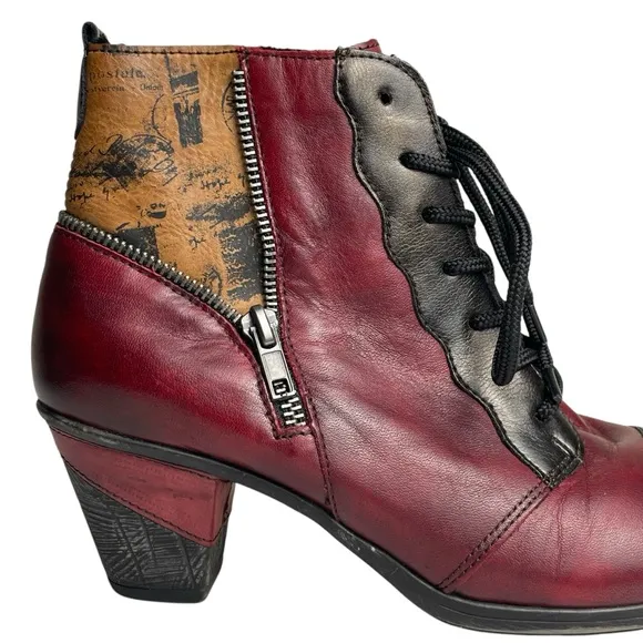 Remonte Artsy Color Block Red/BLK Ankle Bootie Side Zip &amp; Lace-up US 7.5-8 EU 38