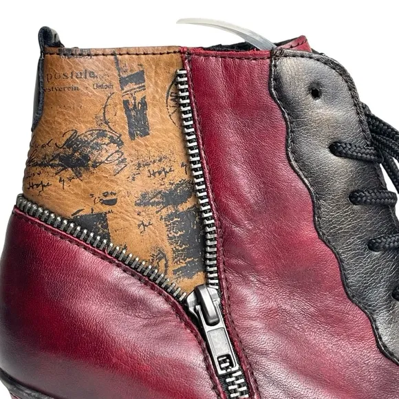Remonte Artsy Color Block Red/BLK Ankle Bootie Side Zip &amp; Lace-up US 7.5-8 EU 38