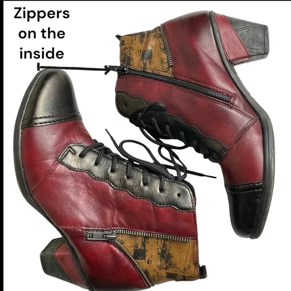 Remonte Artsy Color Block Red/BLK Ankle Bootie Side Zip &amp; Lace-up US 7.5-8 EU 38