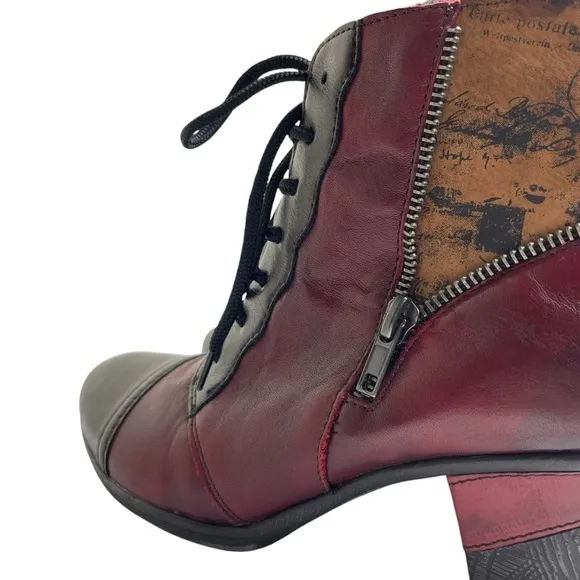 Remonte Artsy Color Block Red/BLK Ankle Bootie Side Zip &amp; Lace-up US 7.5-8 EU 38