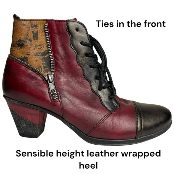 Remonte Artsy Color Block Red/BLK Ankle Bootie Side Zip &amp; Lace-up US 7.5-8 EU 38