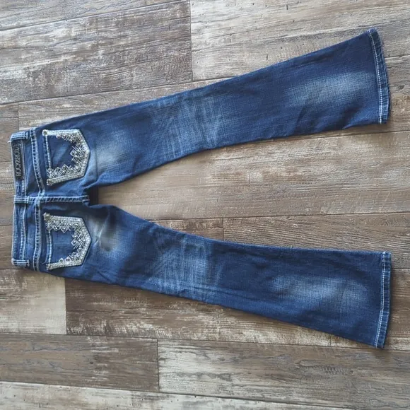 ROCK &amp; ROLL Cowgirl &quot;Rival Low Rise&quot; Bootcut blingy rodeo jeans sz 24x32L euc