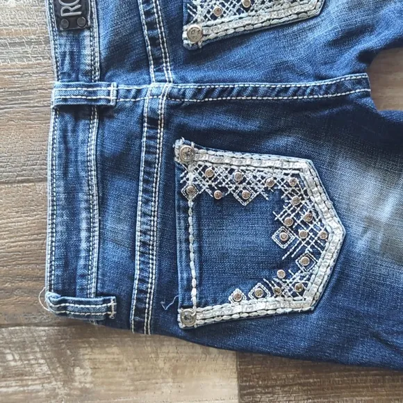 ROCK &amp; ROLL Cowgirl &quot;Rival Low Rise&quot; Bootcut blingy rodeo jeans sz 24x32L euc