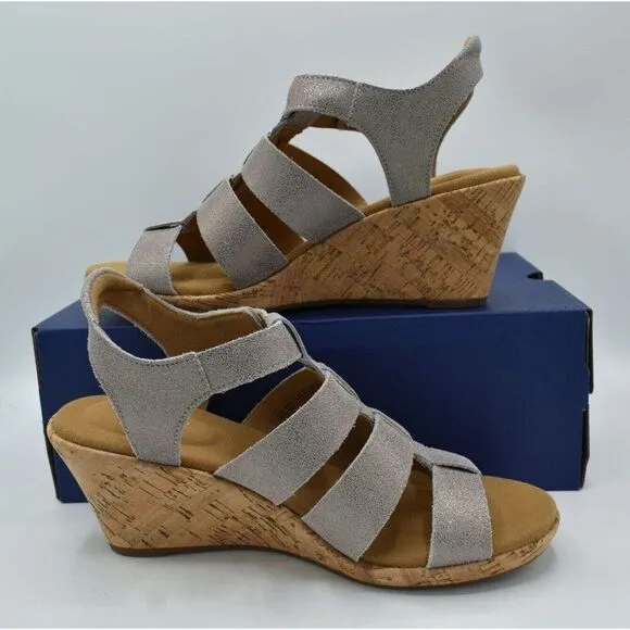 Rockport Women Size 8.5 Briah New Gladiator Metallic Leather Wedge Sandals Shoes