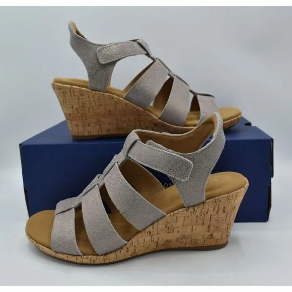 Rockport Women Size 8.5 Briah New Gladiator Metallic Leather Wedge Sandals Shoes