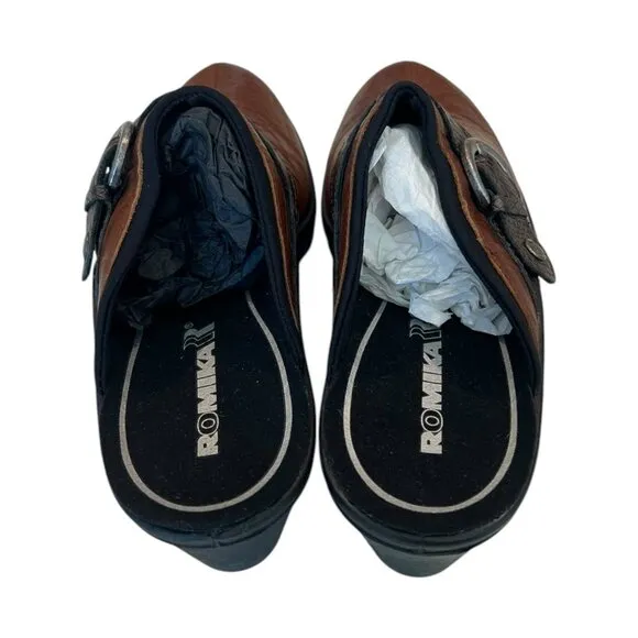Romika Mokassetta 279 Brown &amp; Black Leather Slip On W/Buckle Mule 37 EU 6.5 US