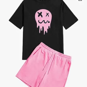 Romwe Men's Summer Graphic Print T Shirt and Shorts Set Tracksuit 2 Piece Outfit